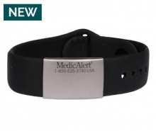 Performance silicone Medical ID bracelet with a black band and a silver toned rectangular emblem