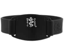 Black silicone medical ID bracelet with oval MedicAlert emblem and logo