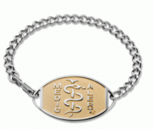 Two tone classic large embossed silver medical ID bracelet with gold oval MedicAlert emblem and logo