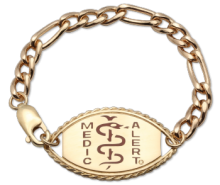 14 karat gold figaro elite medical ID bracelet with interlocking loops, oval MedicAlert emblem and logo 14k Gold