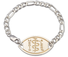 Sterling Silver Figaro medical ID bracelet with oval MedicAlert emblem and logo