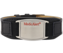 Leather Medical ID Bracelet Black with red logo on stainless steel emblem