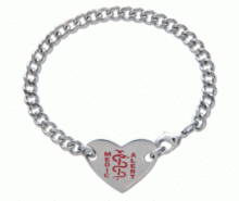 Stainless steel medical ID bracelet with heart shaped MedicAlert emblem and logo 