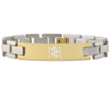 Gold medical ID bracelet with interlocking links, rectangle MedicAlert emblem and logo