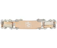 Rose gold modern medical ID bracelet with interlocking rectangles with rectangle MedicAlert emblem and logo