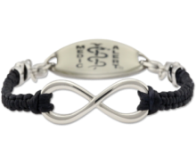 Black fabric medical ID bracelet with infinity symbol, oval MedicAlert emblem in black