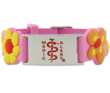 Child&#039;s pink medical ID bracelet with colorful flowers and butterflies, rectangle titanium Medical ID emblem with red logo