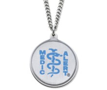Classic MedicAlert ID Necklace round emblem and chain with Light Blue logo