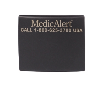 Front side of the black medical id with MedicAlert logo and 800 number