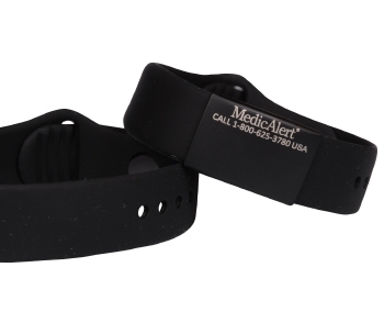 Performance silicone Medical ID bracelet with a black band and a black colored rectangular emblem