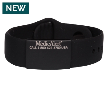 Performance silicone Medical ID bracelet with a black band and a black colored rectangular emblem