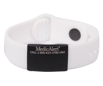 Performance silicone Medical ID bracelet with a white band and a black colored rectangular emblem