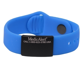 Performance silicone Medical ID bracelet with a blue band and a black colored rectangular emblem