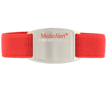 Flex Medical ID Bracelet Red with red and white logo on a stainless steel emblem 
