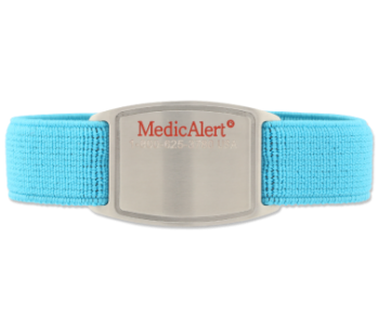 Teal flexible fabric medical ID bracelet with oval MedicAlert emblem