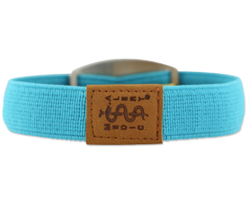 Back facing teal flexible fabric medical ID bracelet with oval MedicAlert emblem