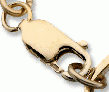 A close-up of the clasp of the 10 karat gold classic large embossed medical ID bracelet with oval MedicAlert emblem
