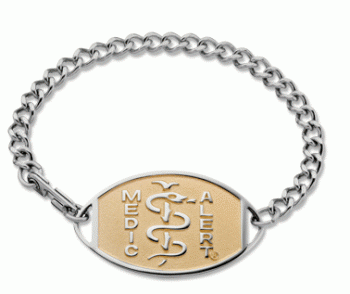 Two tone classic large embossed silver medical ID bracelet with gold oval MedicAlert emblem and logo