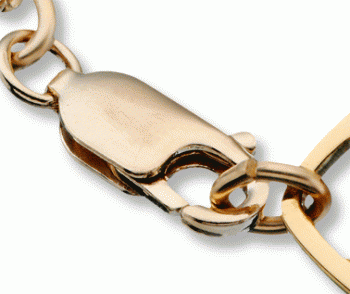 Close-up of clasp of the 10 karat gold classic embossed medical ID bracelet with oval emblem and logo