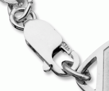 A close-up view of the clasp of the sterling silver classic embossed medical ID bracelet with oval MedicAlert emblem and logo