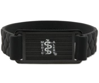Black quilted sport silicone medical ID bracelet with rectangle MedicAlert emblem and logo