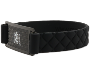 Side view of black quilted sport silicone medical ID bracelet with rectangle MedicAlert emblem and logo