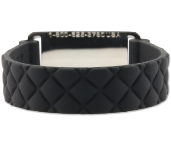 Back facing black quilted sport silicone medical ID bracelet with rectangle MedicAlert emblem and logo