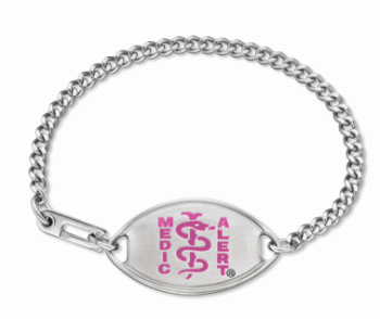 Classic MedicAlert medical ID bracelet in stainless steel with oval emblem and pink MedicAlert logo on front