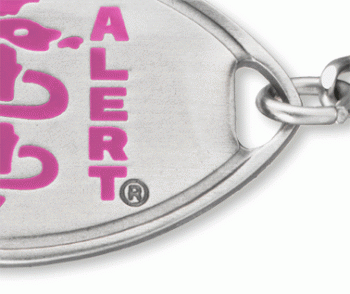 Close-up view of Classic MedicAlert medical ID bracelet in stainless steel with pink MedicAlert logo on front