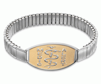 Two tone large medical ID bracelet with silver stretch band and gold oval MedicAlert emblem and logo