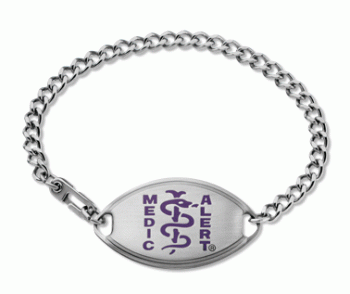 Medical ID bracelet with oval MedicAlert emblem and logo in purple