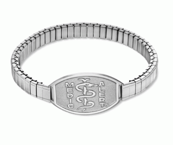 Stainless steel stretch band medical ID bracelet with oval MedicAlert emblem and logo