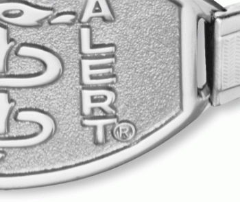  A close-up of the clasp stainless steel stretch band medical ID bracelet with oval MedicAlert emblem and logo