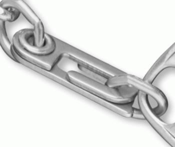Close-up view of clasp of large medical ID bracelet with oval MedicAlert emblem and logo in black