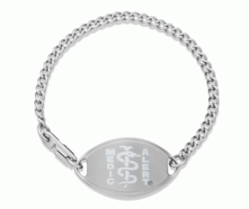 Classic medical ID bracelet with oval MedicAlert emblem and logo in white