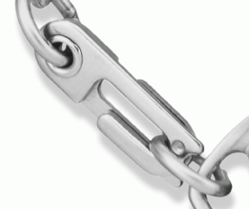A close-up of the clasp of a classic medical ID bracelet with oval MedicAlert emblem and logo in white