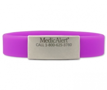 Violet silicone medical ID bracelet with rectangle MedicAlert emblem