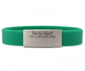 Green silicone medical ID bracelet with rectangle MedicAlert emblem