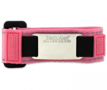 Pink reflective medical ID bracelet with fabric band, silver square MedicAlert emblem and logo