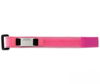 A panoramic view of a pink reflective medical ID bracelet with fabric band, silver square MedicAlert emblem and logo