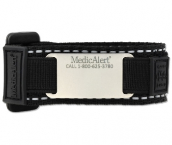 Black reflective medical ID bracelet with fabric band, silver square MedicAlert emblem and logo