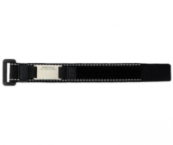 A panoramic view of the black reflective medical ID bracelet with fabric band, silver square MedicAlert emblem and logo