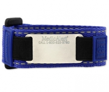 Blue reflective medical ID bracelet with fabric band, silver rectangle MedicAlert emblem and logo