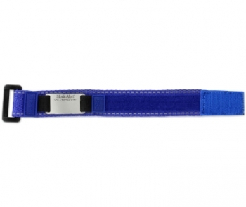 A panoramic view of the blue reflective medical ID bracelet with fabric band, silver rectangle MedicAlert emblem and logo