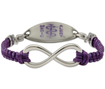 Purple fabric medical ID bracelet with infinity symbol, oval MedicAlert emblem in purple