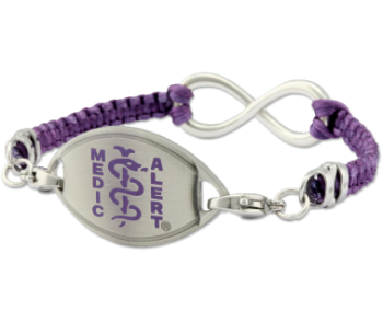 Purple fabric medical ID bracelet with infinity symbol, oval MedicAlert emblem in purple