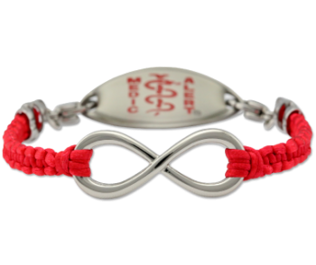 Red fabric medical ID bracelet with infinity symbol, oval MedicAlert emblem in red
