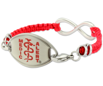 Red fabric medical ID bracelet with infinity symbol, oval MedicAlert emblem in red
