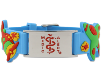 Children's  Titanium Medical ID Bracelet Blue and green planes with red logo