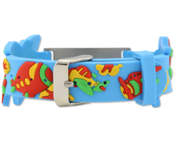 Children's  Titanium Medical ID Bracelet Blue and green planes with red logo back view
